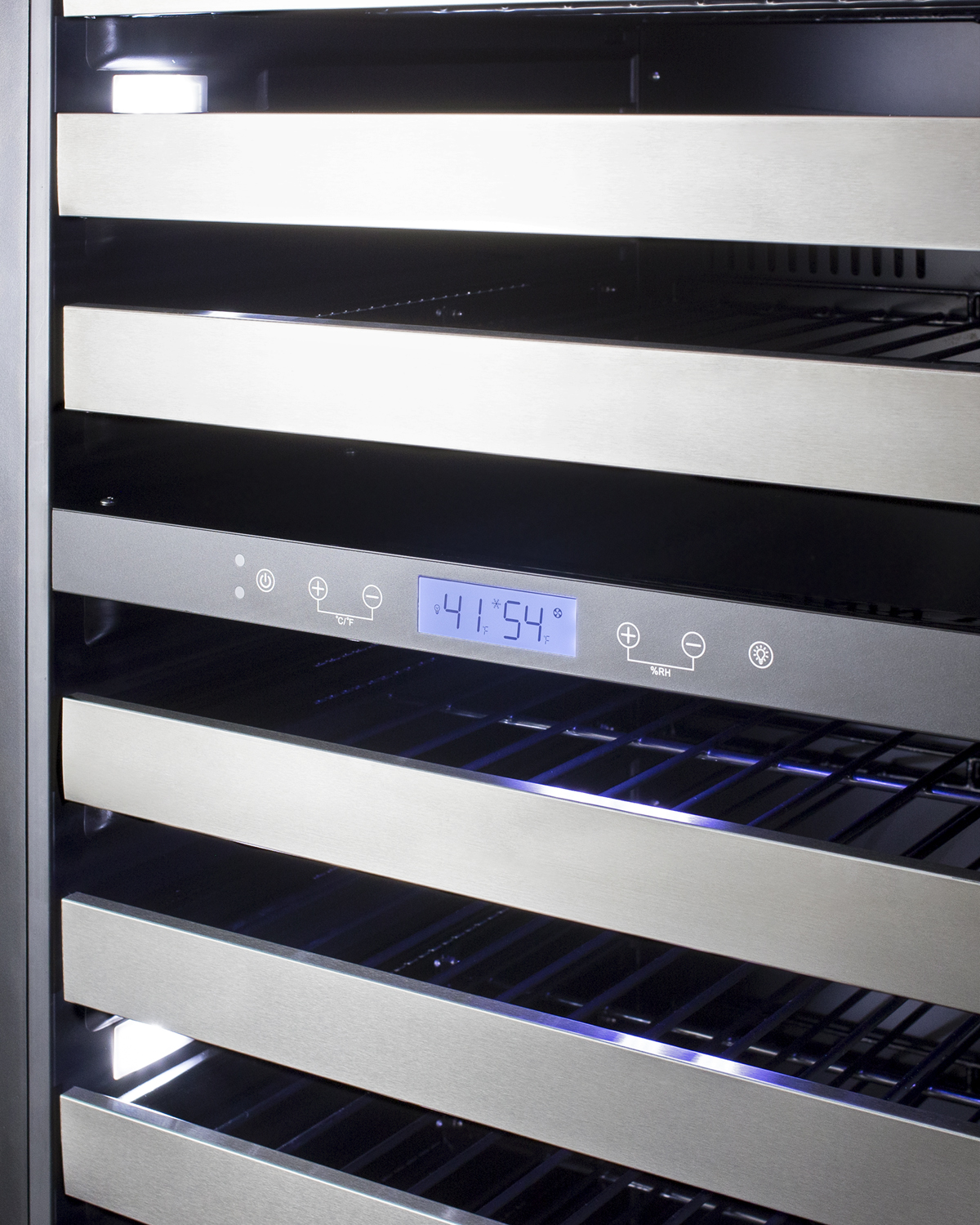Dual zone 163 bottle commercial wine cellar for built-in or freestanding use, with stainless steel cabinet, a glass door with seamless stainless steel trim, digital thermostat, full-extension shelving, and factory-installed lock